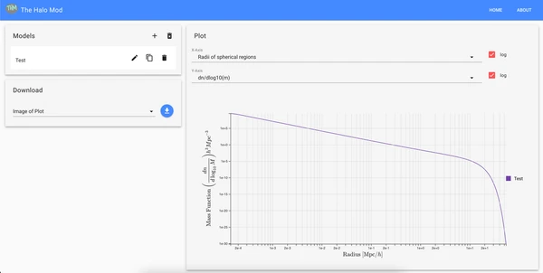 The Halo Mod web app with a models panel and a log-scale plot of the mass function against radius.