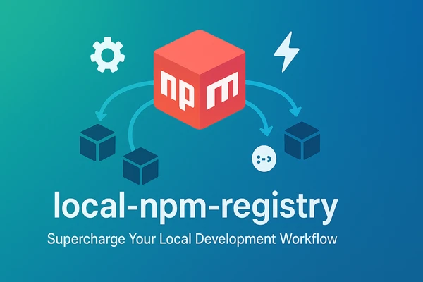 A red npm cube with arrows out to smaller package cubes, above the title "local-npm-registry".