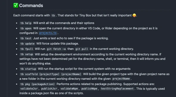 The Commands section of the Main Scripts README, listing tb commands such as tb open, tb setup, and tb pkg.