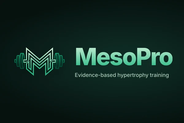 The MesoPro logo, an M between barbell plates, beside the tagline "Evidence-based hypertrophy training".