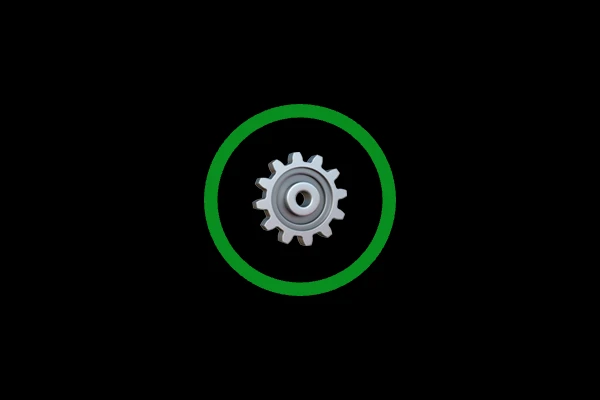 A metal gear inside a green ring on a black background.