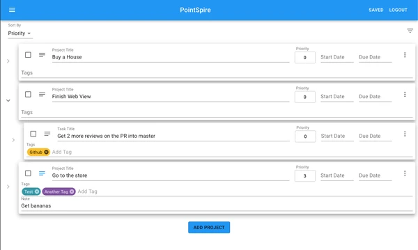 The PointSpire web app listing nested projects and tasks with priorities, dates, and tags.